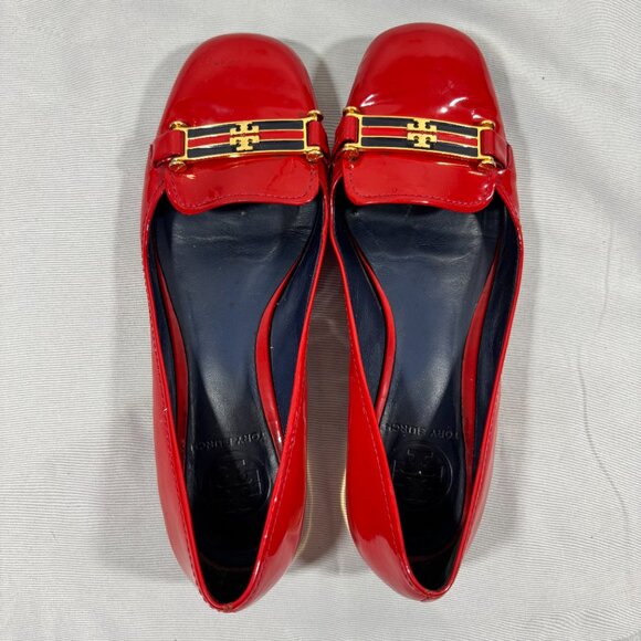 TORY BURCH Red Flats Patent Leather Ballet With Logo Cerise Shoes Size 6.5M - Picture 2 of 9